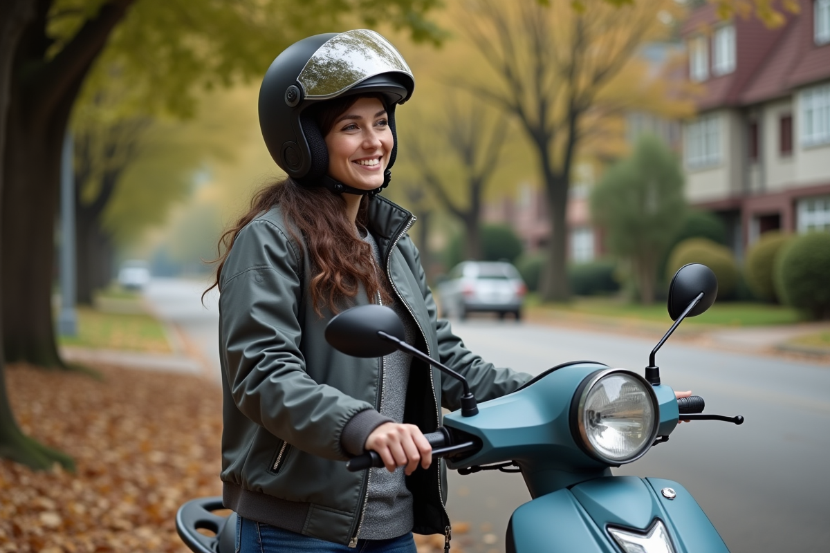 Femme souriante avec scooter 50cc sur une rue résidentielle
