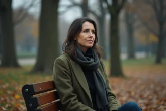 Femme seule assise sur un banc en automne, regard perdu dans la distance, évoquant la solitude et la tristesse