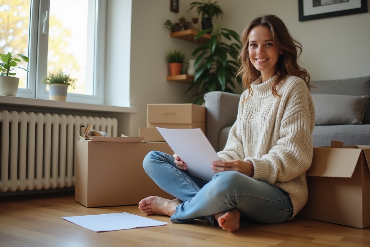 Jeune femme signant un contrat de prêt immobilier dans son appartement
