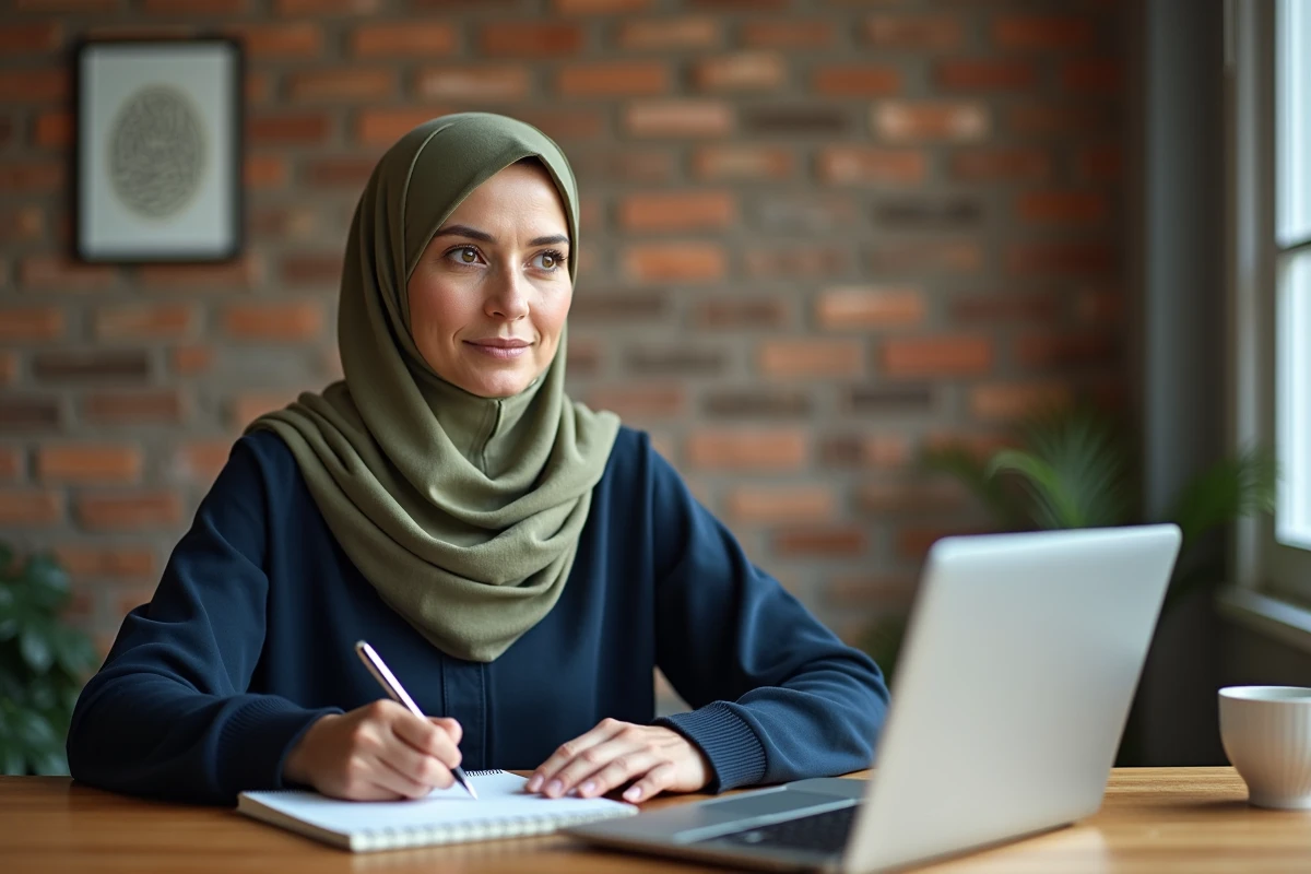 Femme notant les heures de prière depuis un site web fiable sur ordinateur à Toulouse