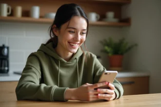 Jeune femme souriante consultant des bonus gratuits sur son smartphone dans une cuisine moderne