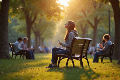 Jeune femme seule sur un banc dans un parc en journée