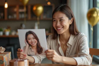 Femme souriante avec carte anniversaire personnalisée