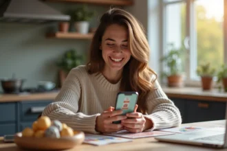 Jeune femme souriante jouant à un jeu Monopoly sur smartphone dans la cuisine