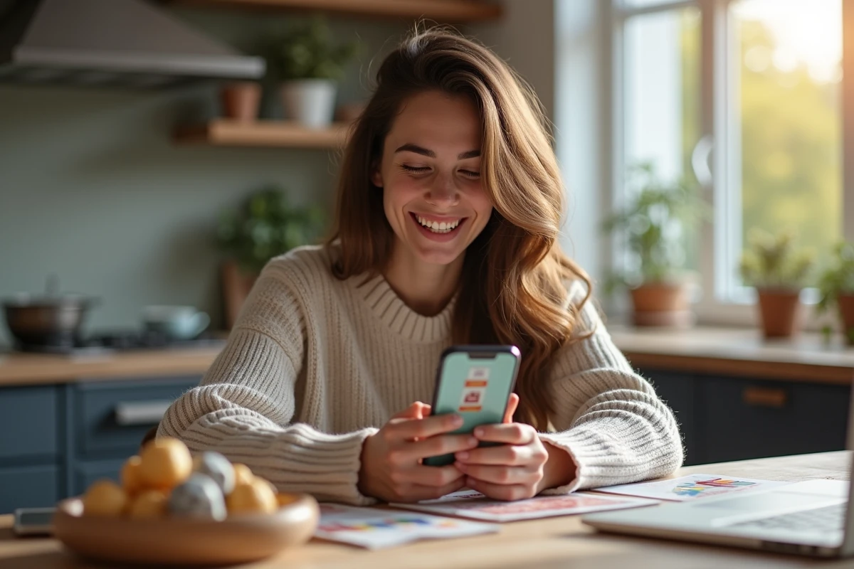 Jeune femme souriante jouant à un jeu Monopoly sur smartphone dans la cuisine