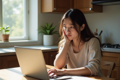 Jeune femme travaillant sur un ordinateur dans la cuisine