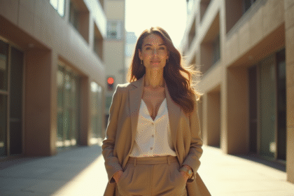 Femme élégante en ville portant un blazer et pantalon