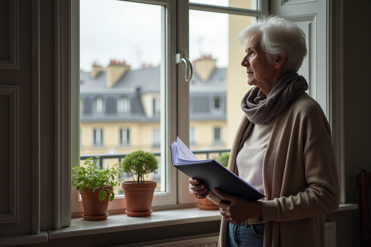 Femme âgée regarde par la fenêtre avec papiers immobiliers