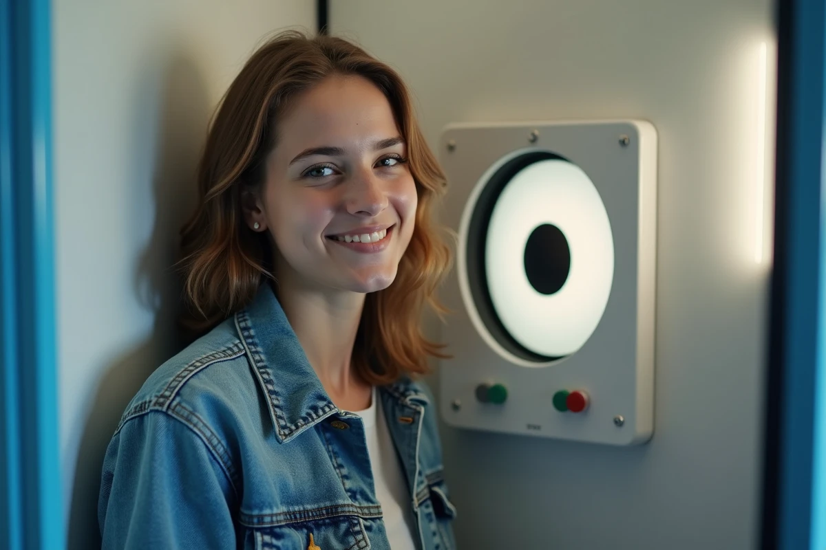 Jeune femme utilisant une borne photomaton pour prendre une photo d'identité dans une cabine moderne