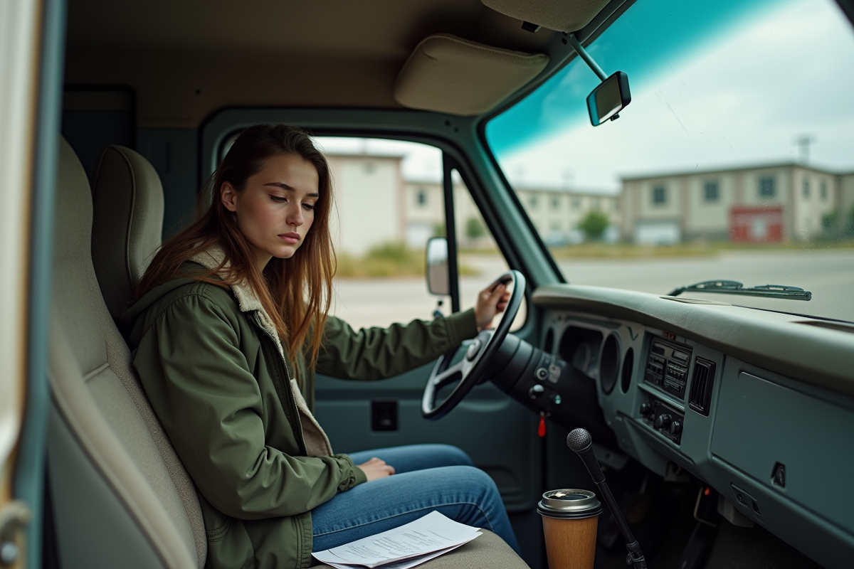 Jeune femme dans van en stationnement urbain