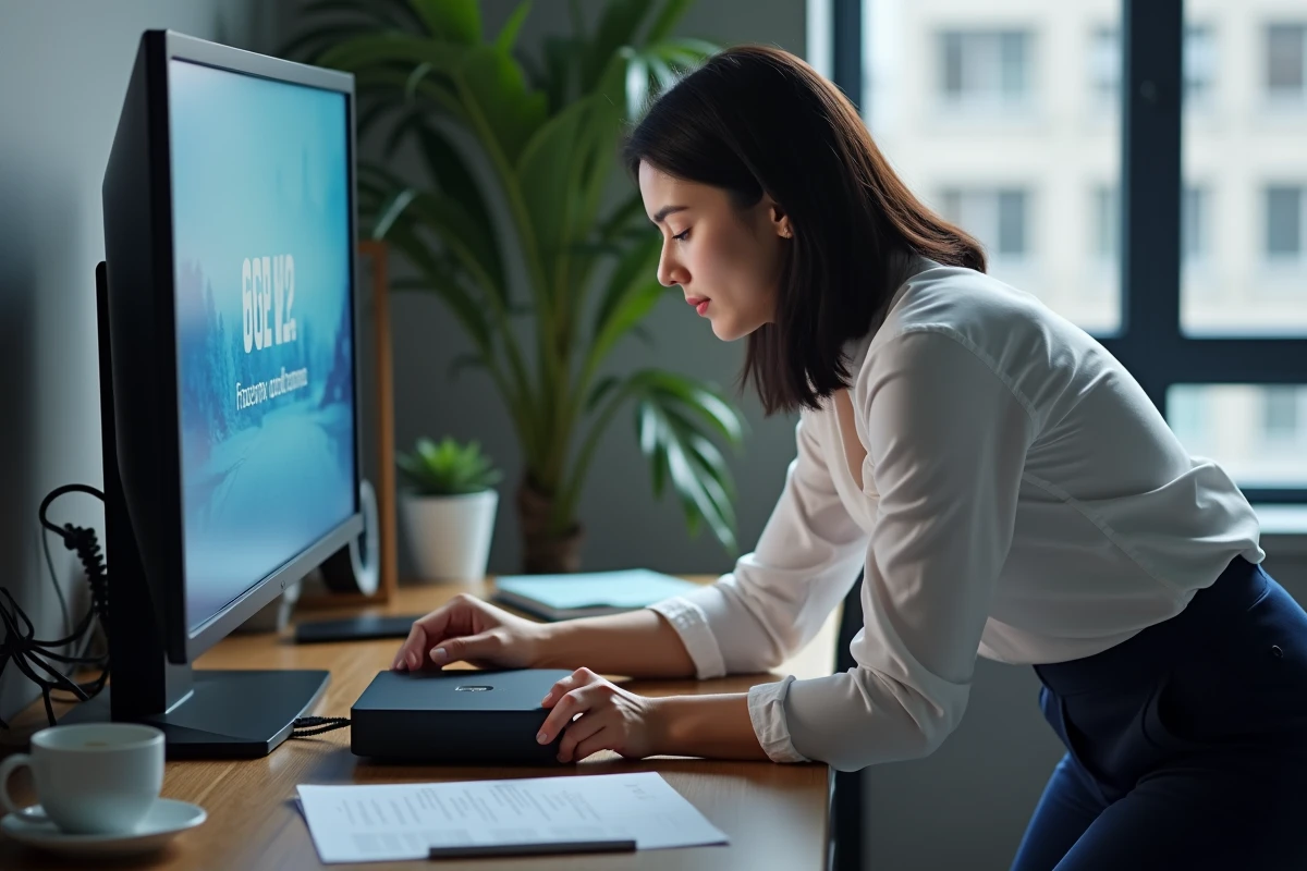 Femme vérifiant les câbles d'un décodeur Orange TV dans un bureau à domicile, problème d'enregistrement