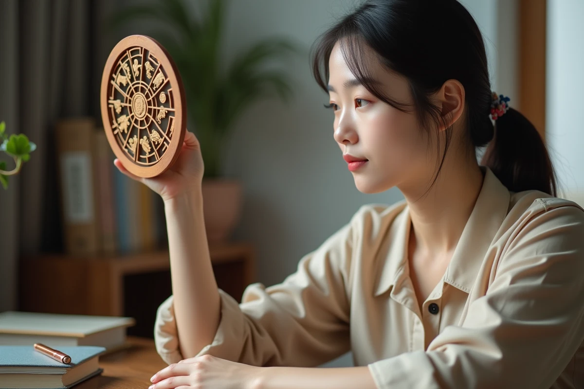Jeune femme asiatique tenant un roue du zodiaque chinois