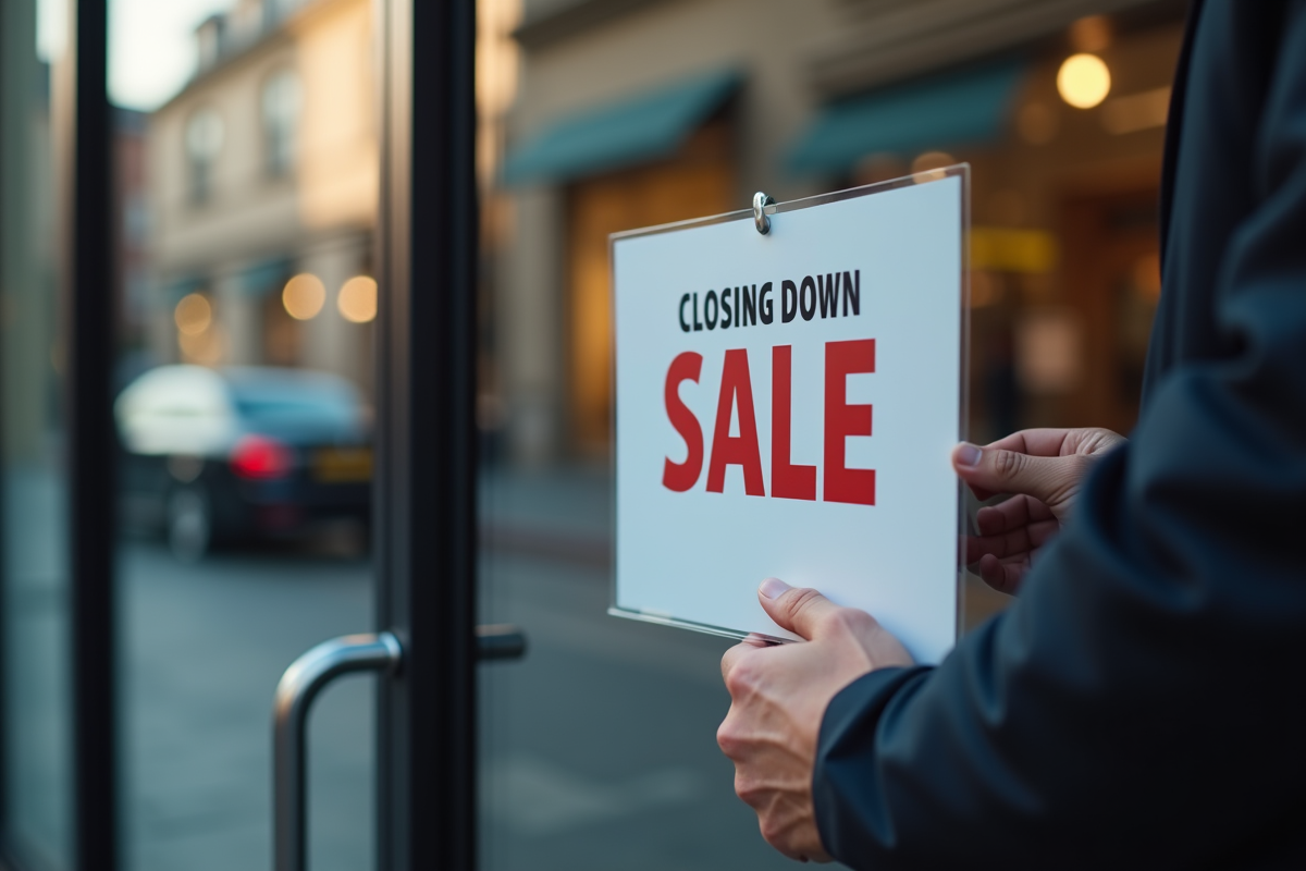 Mains posant une affiche de vente de liquidation sur une porte