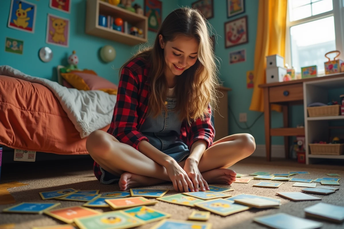 Jeune fille organise son deck de Pokémon dans sa chambre