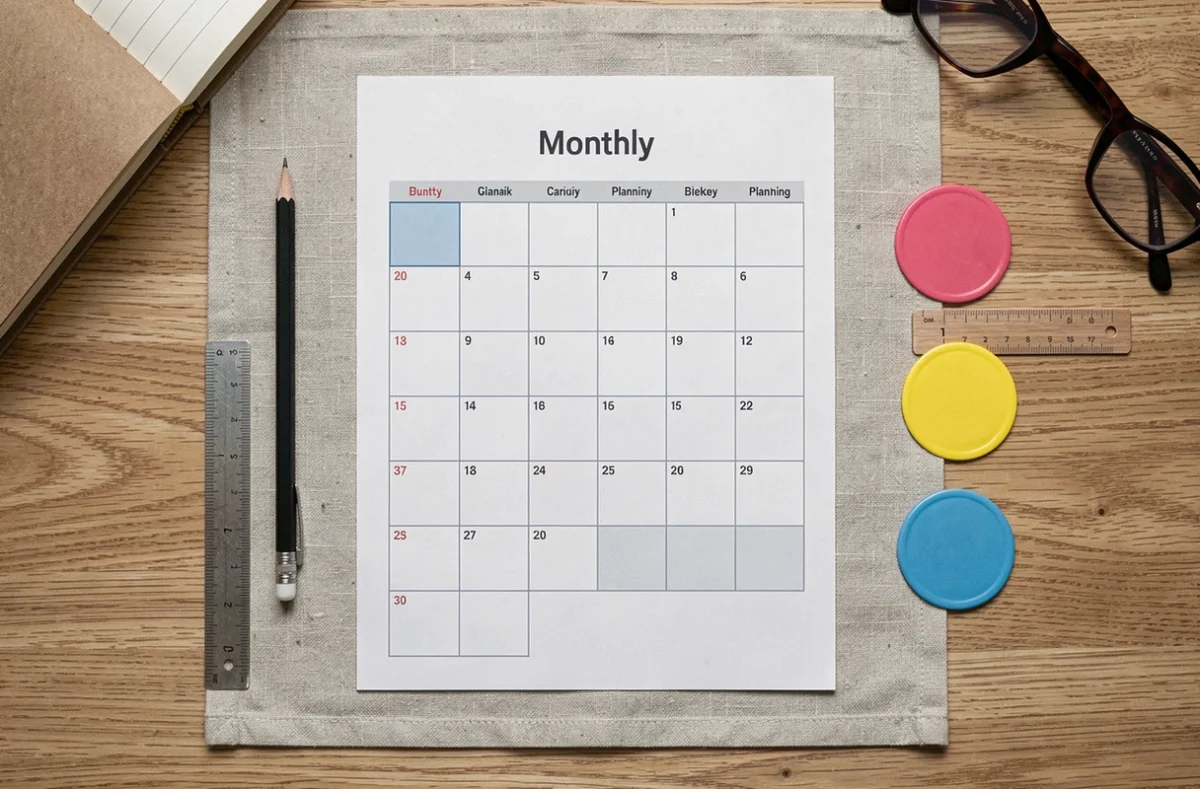 Flatlay minimaliste d'un planning mensuel imprimé en PDF avec un crayon, une règle et des autocollants colorés sur un bureau en chêne clair