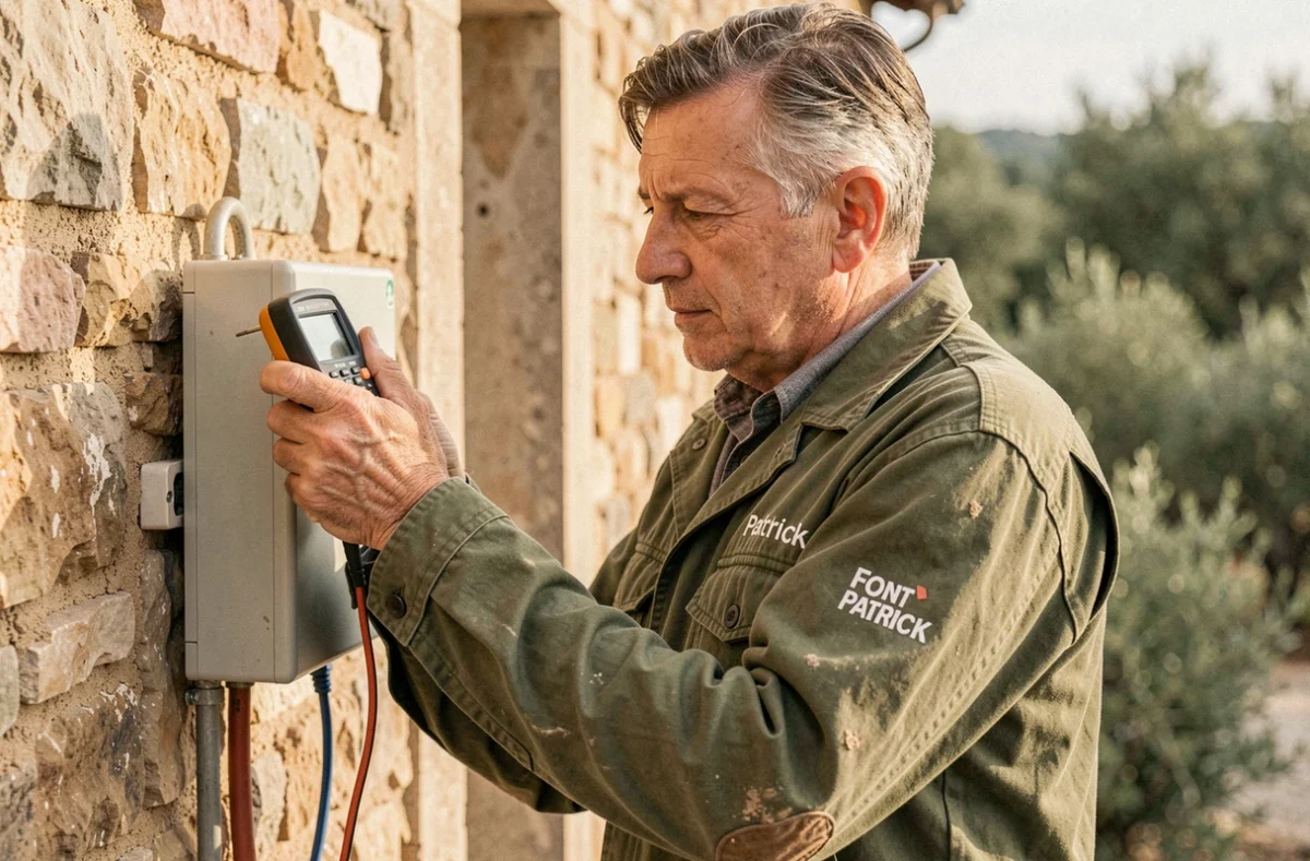 Électricien Font Patrick testant une connexion électrique extérieure sur un mur en pierre typique du sud de la France près de Montpellier