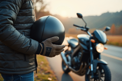 Motocycliste ajustant son casque avec gants d'hiver stylés