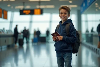 Garçon de 12 ans confiant à l'aéroport avec passeport