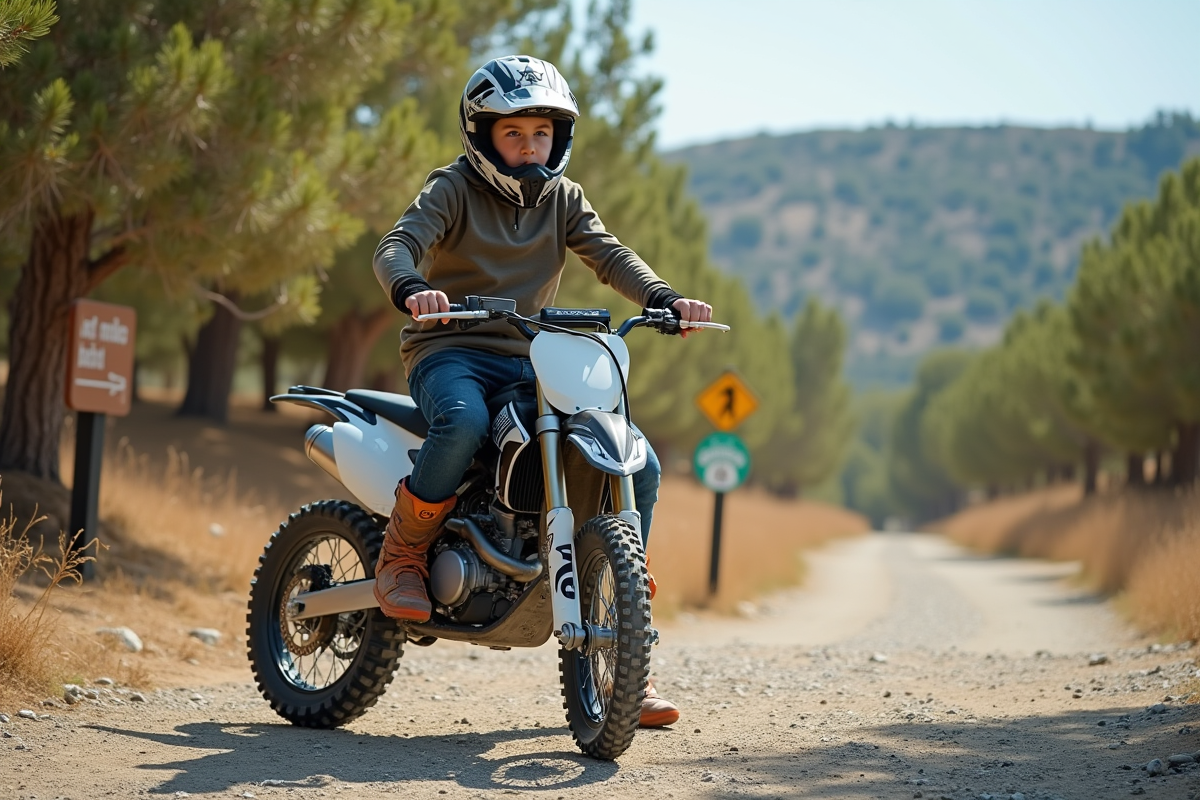 Garçon en tenue de moto prêt à partir en trail