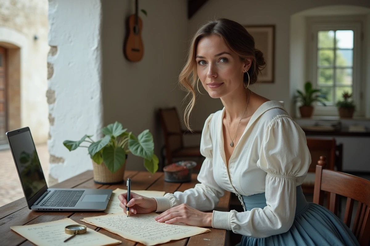 Femme habillée en style Régence utilisant un générateur de courrier historique sur ordinateur pour un jeu de rôle
