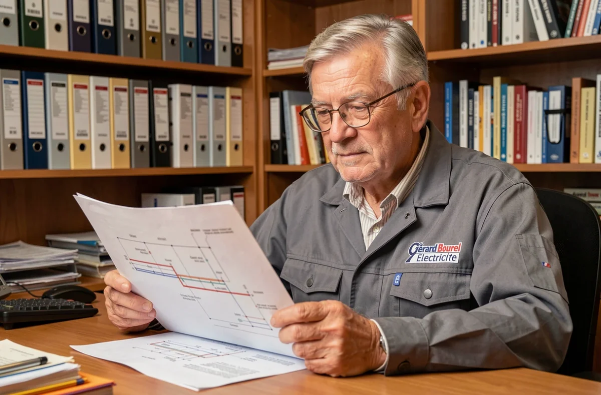 Électricien expérimenté Gérard Bourrel Électricité révisant des schémas électriques dans son bureau professionnel à Montpellier