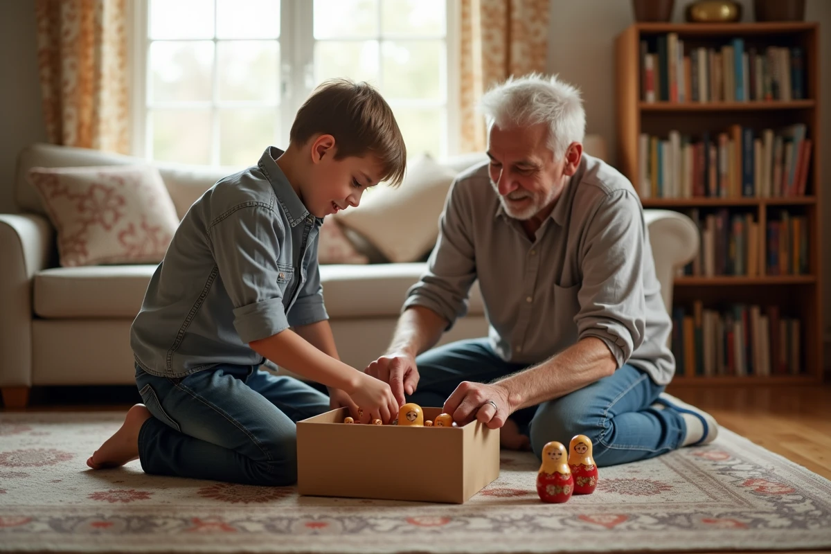 Grand-pere et enfant ouvrant une boîte de poupées russes dans le salon
