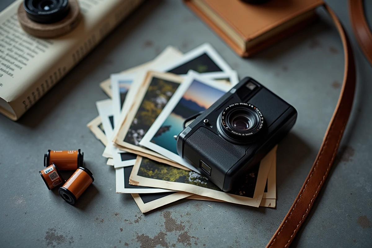 Gros plan sur un appareil photo jetable réutilisable entouré de pellicules et de photos argentiques développées