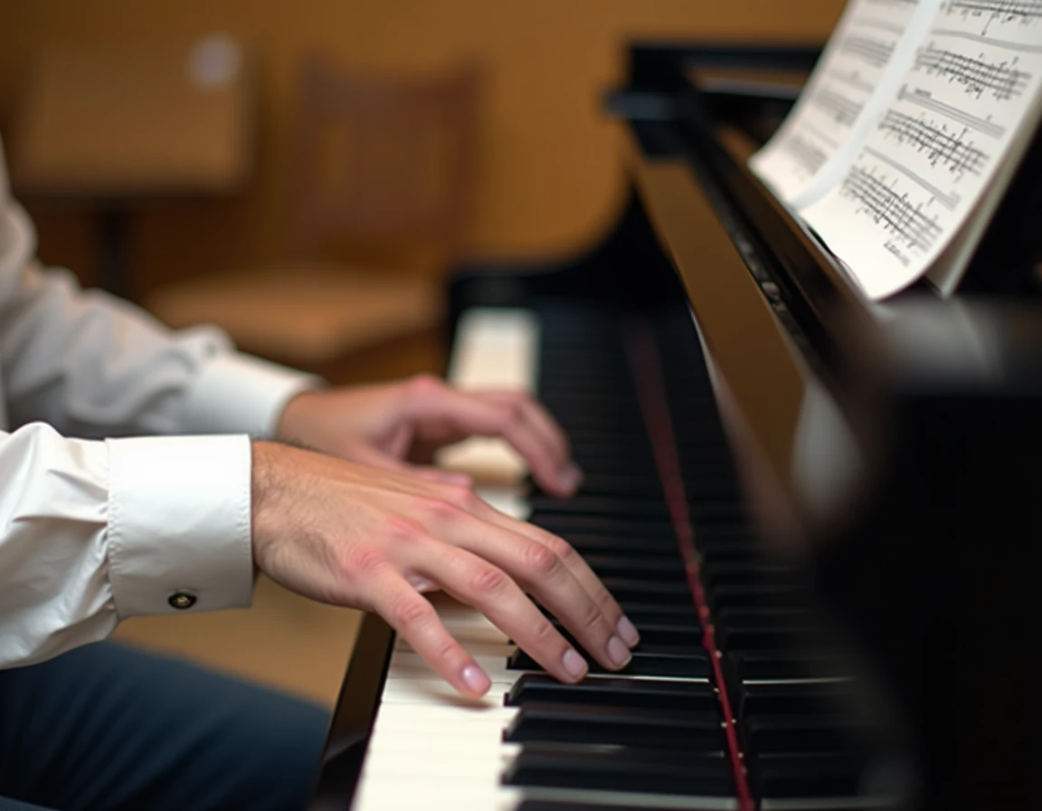 Gros plan sur des mains jouant les accords de Let It Be sur un piano à queue avec partition annotée et doigtés au crayon