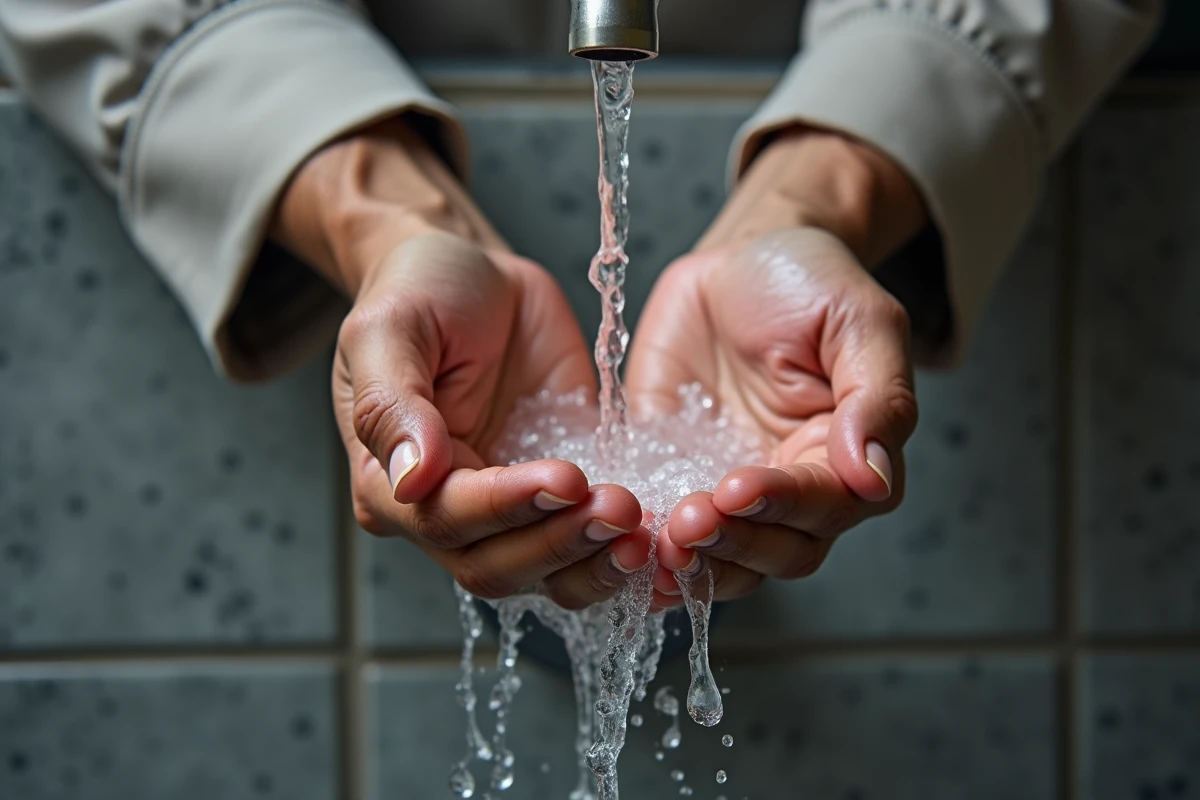 Gros plan sur des mains en train d'effectuer les ablutions avec de l'eau courante pour le woudou
