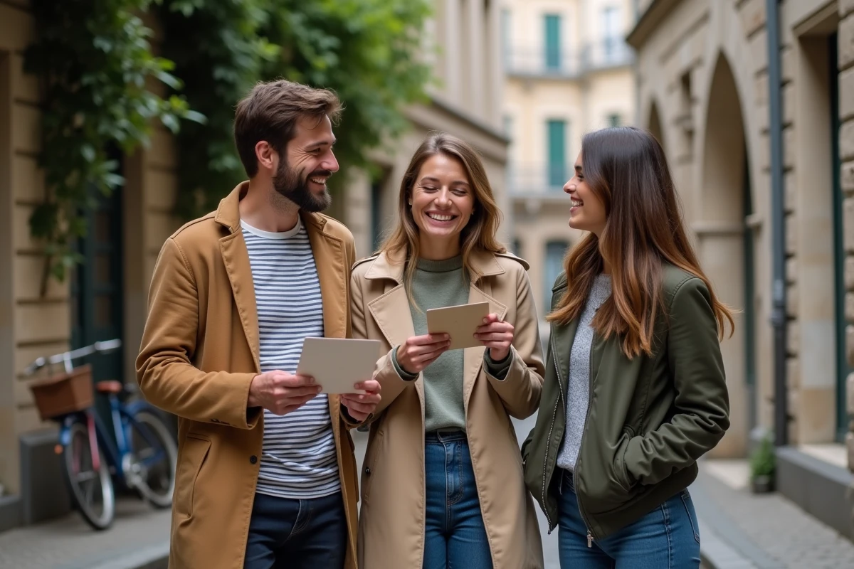 Trois amis dans une rue pavée d'une vieille ville française, partageant une déclaration d'amitié lue à voix haute, atmosphère authentique et complice