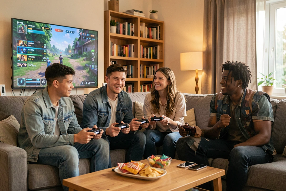 Groupe d'amis jouant ensemble à un jeu battle royale en ligne sur grand écran, ambiance salon conviviale