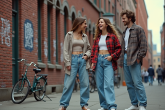 Trois jeunes adultes en streetwear 90s devant un mur graffite