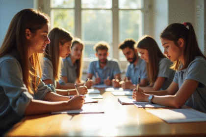 Groupe d'aspirants assistants scolaires en classe ensoleillee