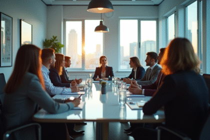 Groupe de professionnels en réunion dans un bureau lumineux