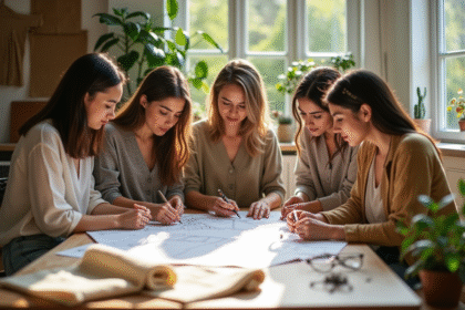 Groupe de jeunes concevant des vêtements écologiques dans un studio lumineux