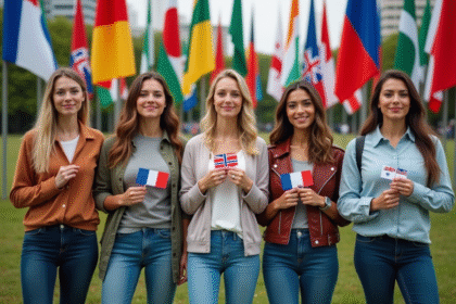 Groupe divers d'adultes avec drapeaux du monde entier