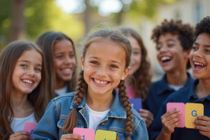 Groupe d'enfants français riant dehors avec noms en G