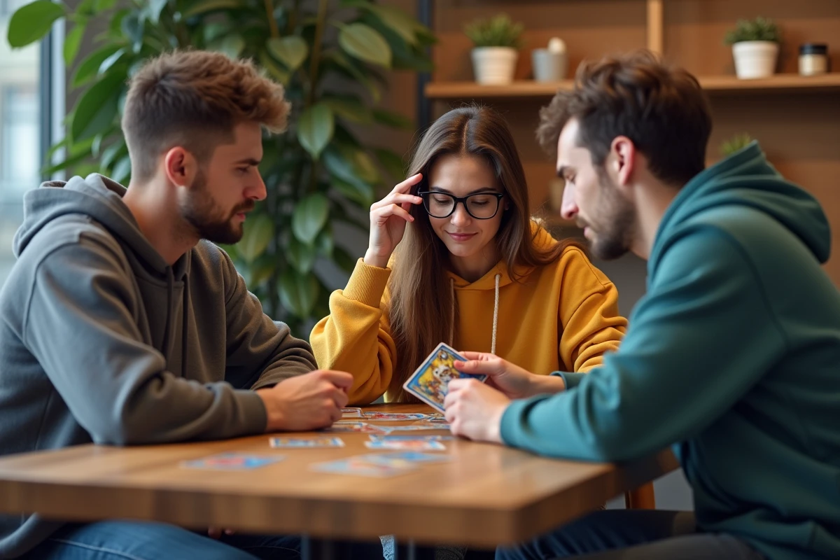 Groupe de jeunes jouant au Pokémon Trading Card Game dans un café