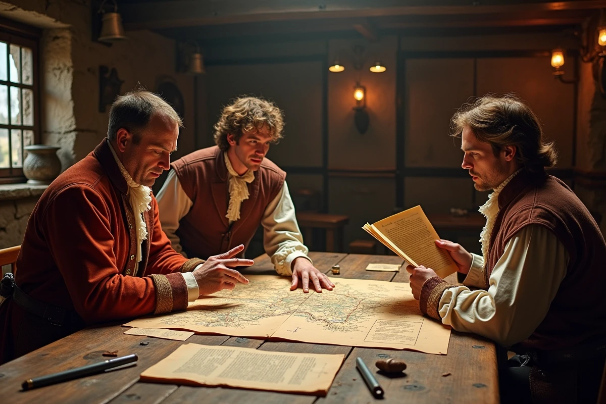Groupe de joueurs en costumes napoléoniens utilisant des courriers historiques imprimés lors d'une session de jeu de rôle