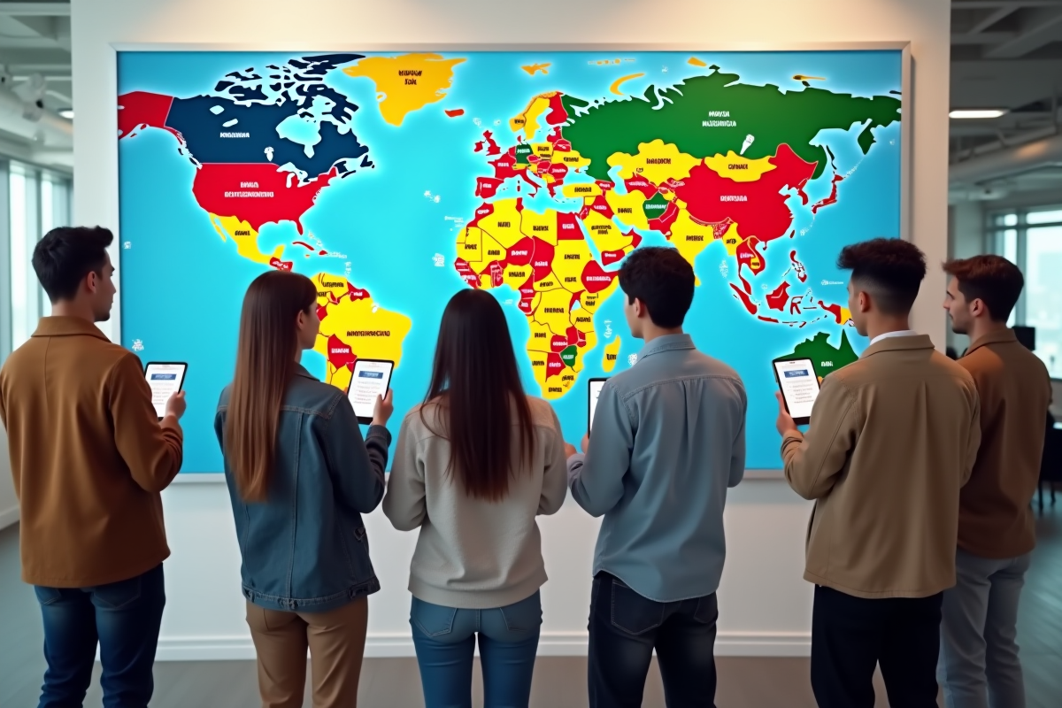 Groupe diversifié utilisant des applications de traduction sur tablettes devant une carte du monde