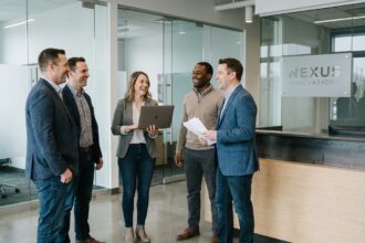 Groupe de professionnels souriants dans un bureau moderne