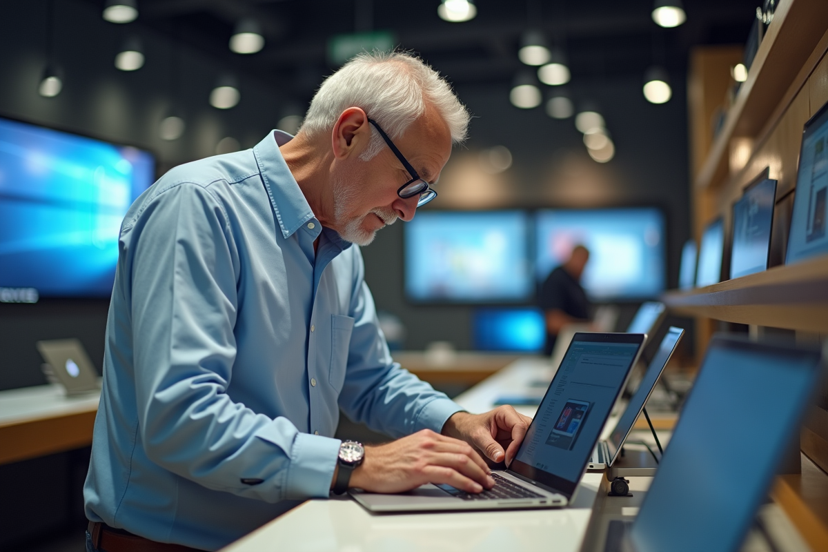 Homme âgé comparant deux laptops en magasin