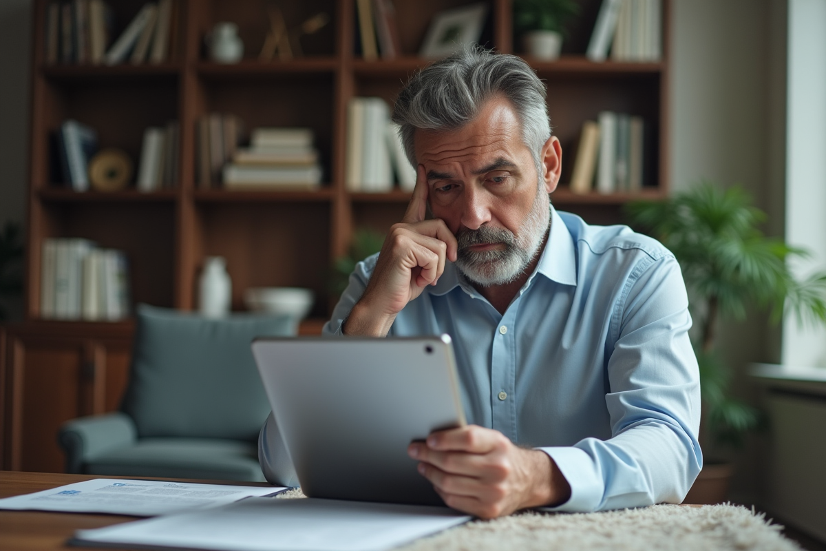 Homme d'affaires en intérieur consulte documents et tablette