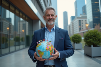 Homme d'affaires en costume bleu tenant un globe mondial