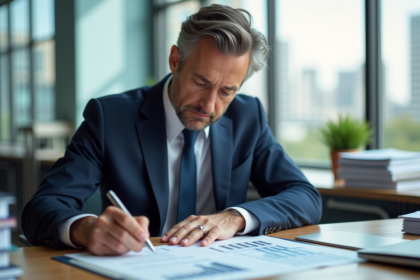 Homme d'affaires en costume bleu dans un bureau moderne