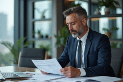 Homme d'affaires en costume bleu examine des factures au bureau