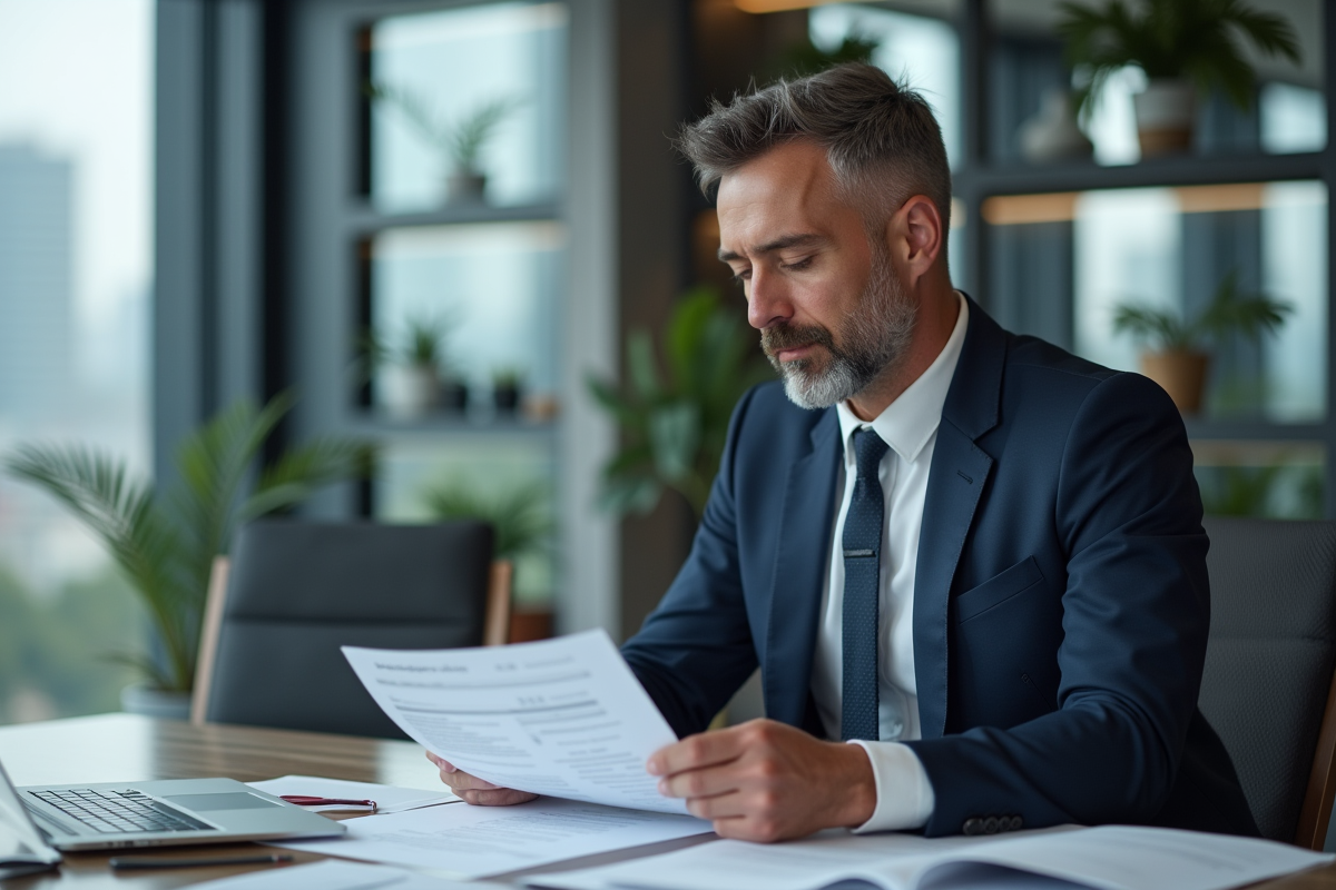 Homme d'affaires en costume bleu examine des factures au bureau