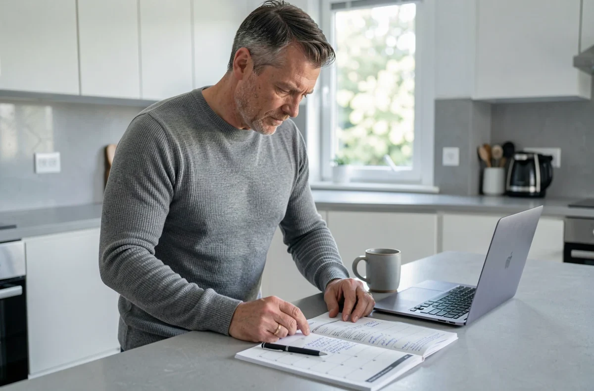 Homme organisant un agenda mensuel PDF imprimé sur un comptoir de cuisine moderne avec un ordinateur portable et un café