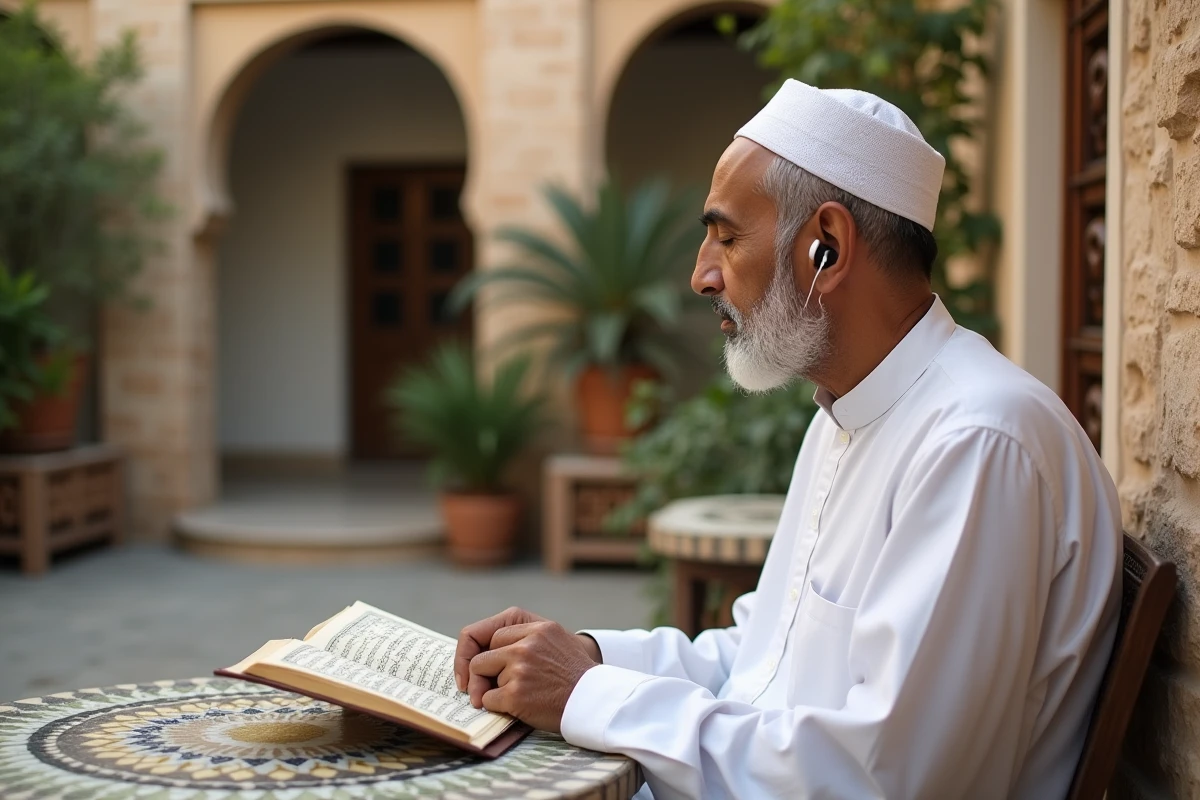 Homme âgé récitant le Quran dans une cour paisible