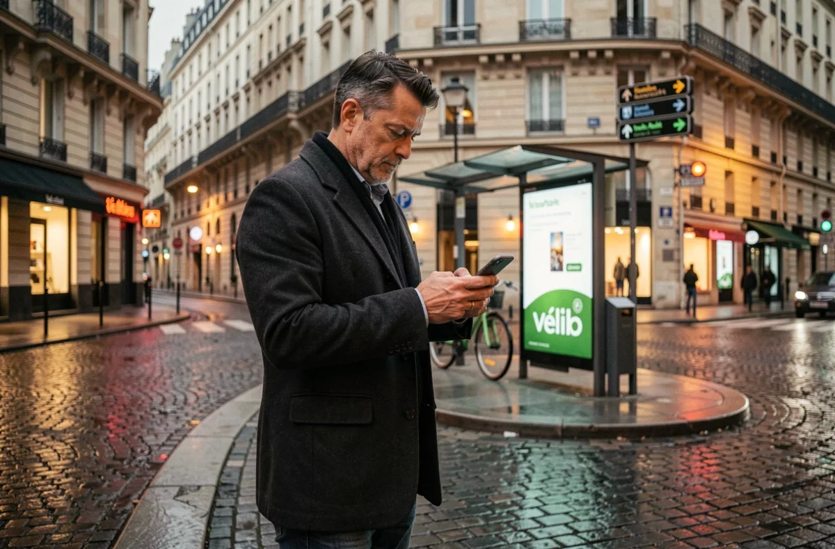 Homme consultant une application de transport en commun à un arrêt de bus parisien la nuit avec une station Vélib' en arrière-plan